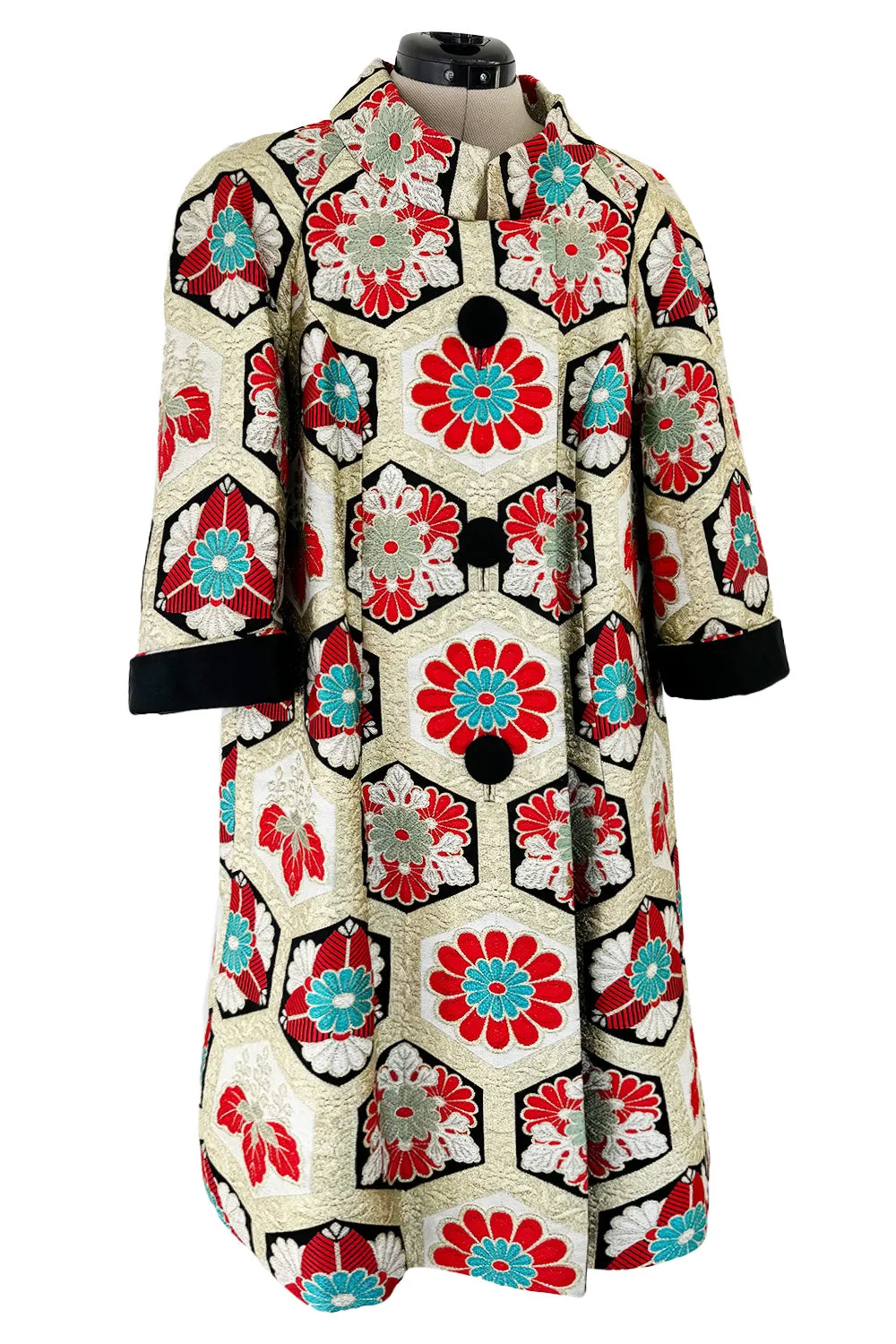 Exquisite Fall 1974 Hanae Mori Metallic Gold Brocade 3/4 Sleeve Coat w Pops of Turqoise & Red