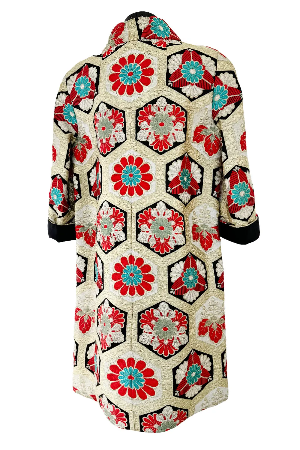 Exquisite Fall 1974 Hanae Mori Metallic Gold Brocade 3/4 Sleeve Coat w Pops of Turqoise & Red