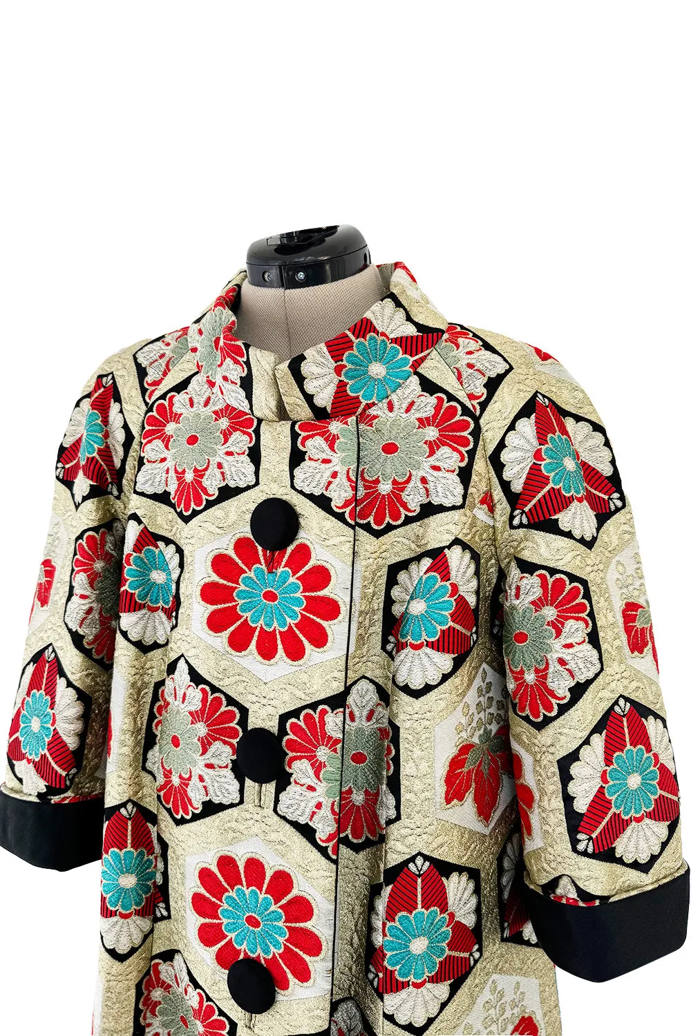 Exquisite Fall 1974 Hanae Mori Metallic Gold Brocade 3/4 Sleeve Coat w Pops of Turqoise & Red