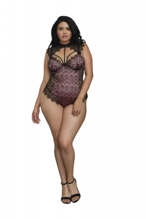 Eyelash Lace Collared Teddy - 2x - Vintage Rose / Black