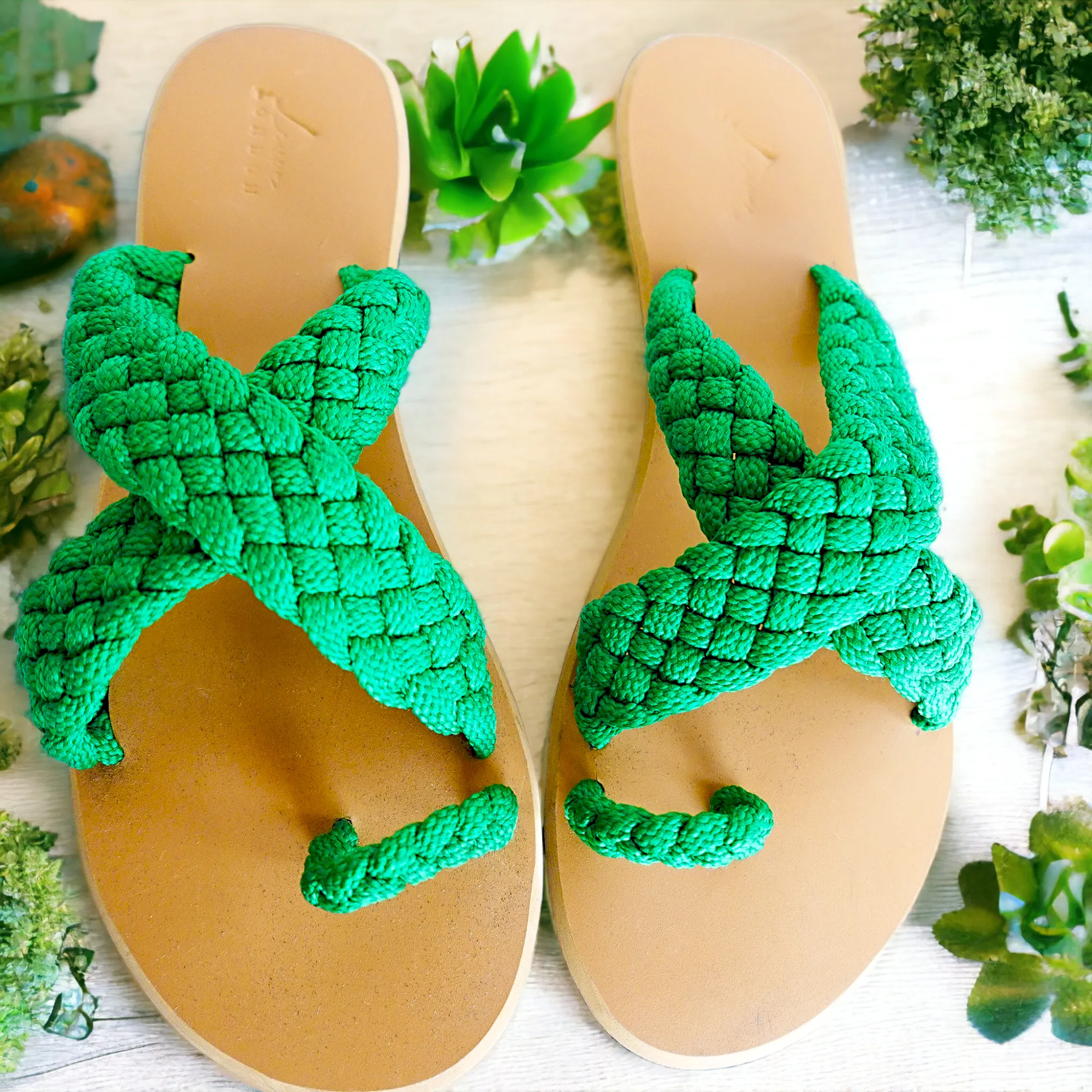 Green Criss Cross Plain Straw Open Toe Slipper