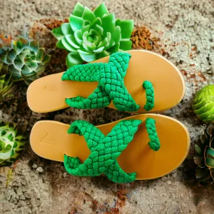 Green Criss Cross Plain Straw Open Toe Slipper