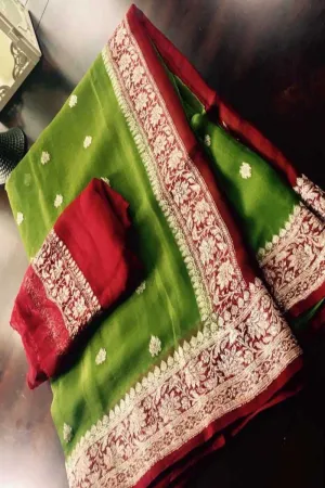 Green-Maroon Banarasi Chiffon Zari Saree