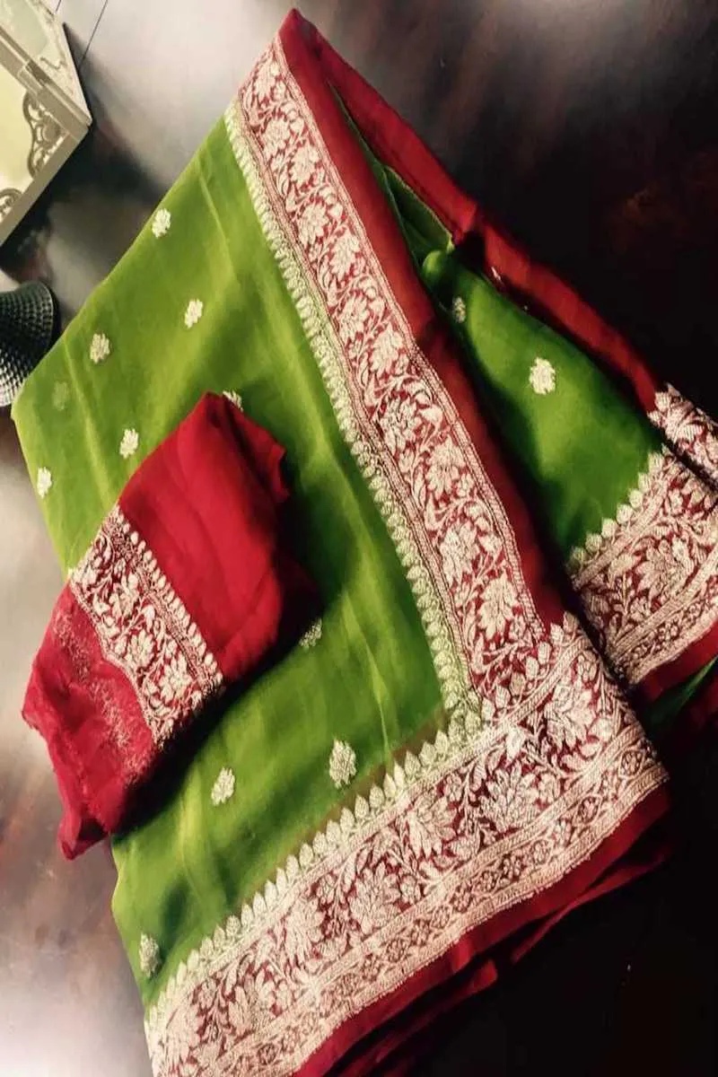 Green-Maroon Banarasi Chiffon Zari Saree