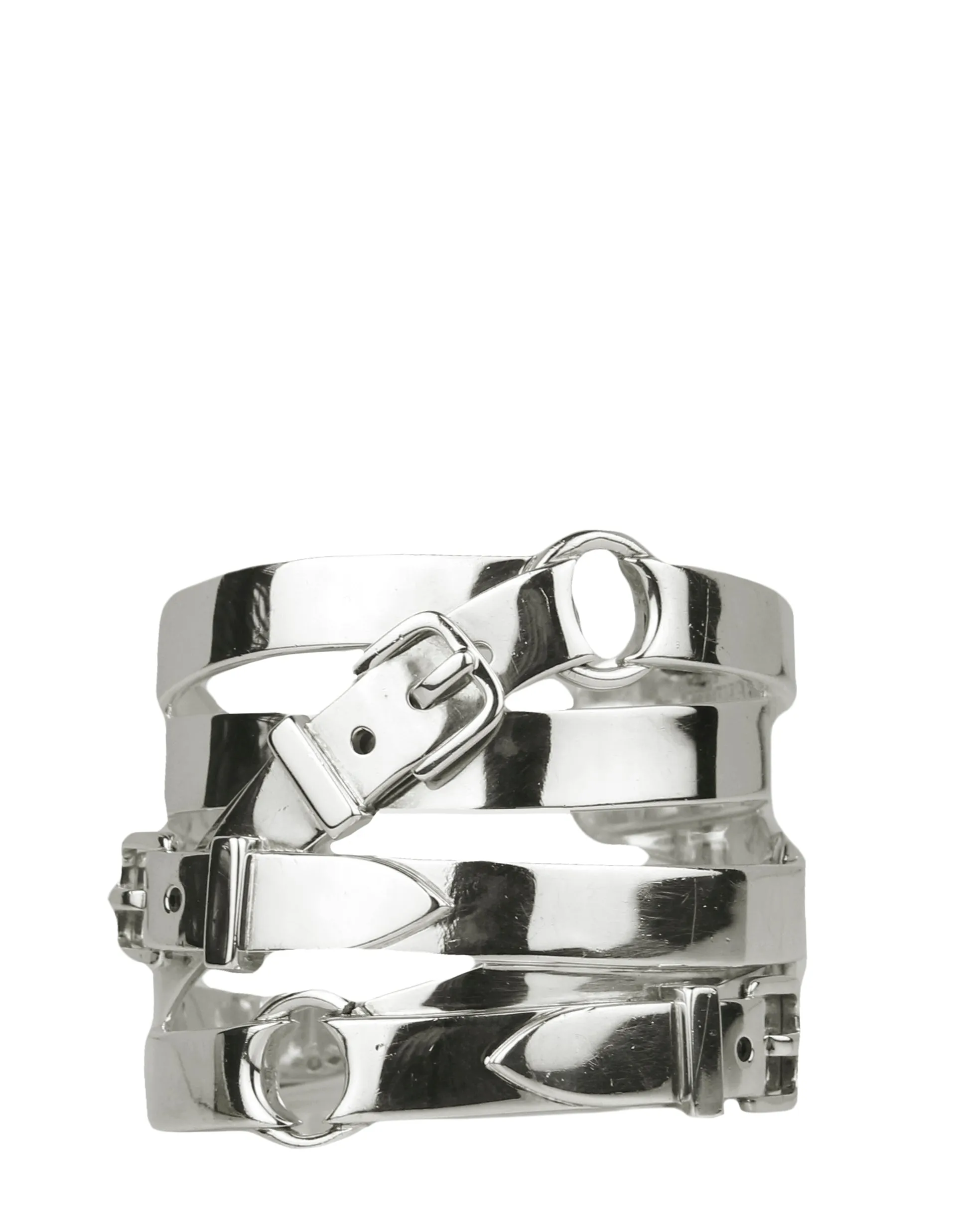 Hermes Sterling Silver Strappy Buckle Wide Cuff Bracelet sz SH