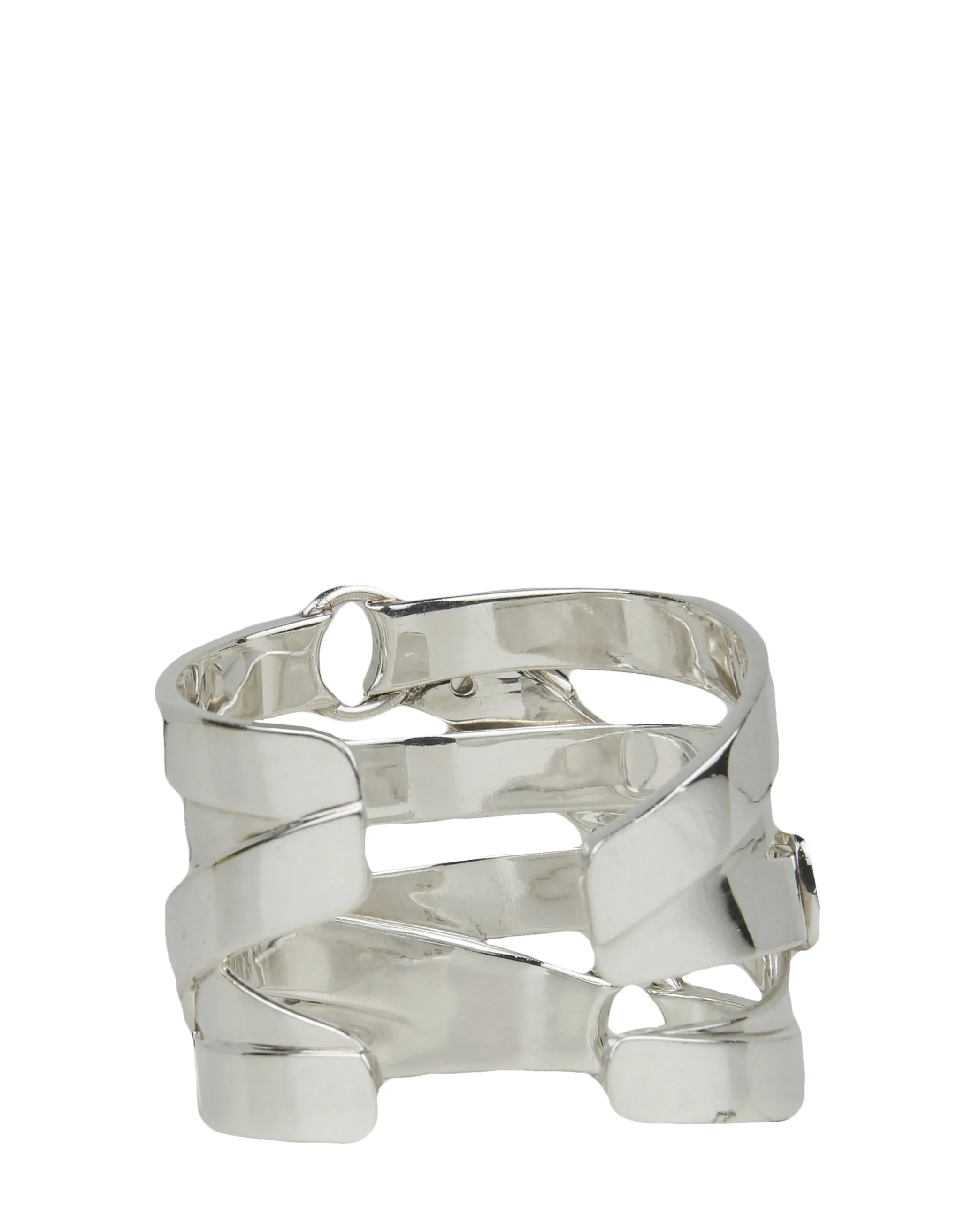 Hermes Sterling Silver Strappy Buckle Wide Cuff Bracelet sz SH