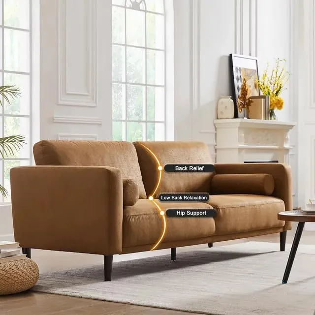 HIFIT Faux Leather Sofa with Upholstered Cushions & Pillows 3 Seat for Living Room Apartment Office, Brown 79”