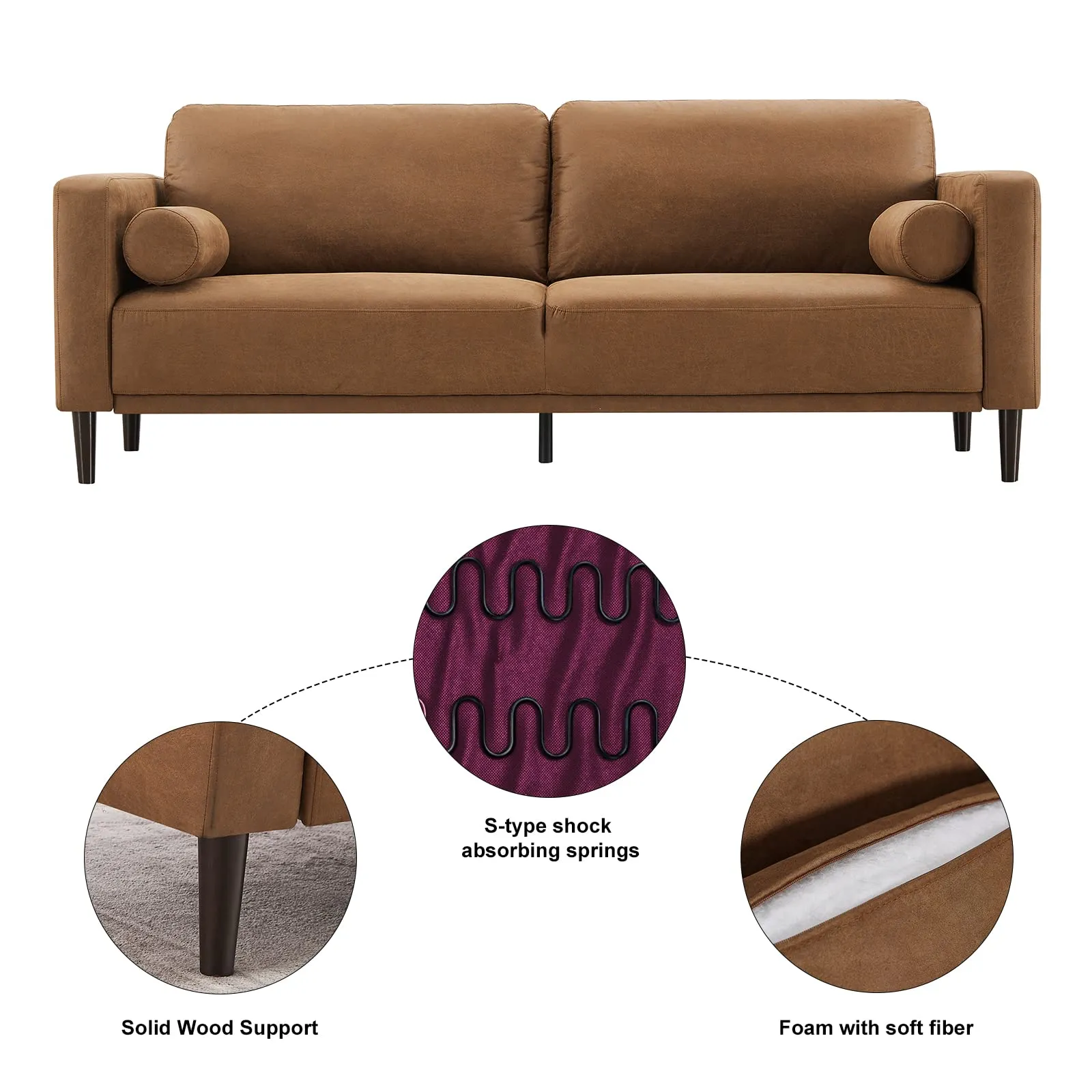 HIFIT Faux Leather Sofa with Upholstered Cushions & Pillows 3 Seat for Living Room Apartment Office, Brown 79”