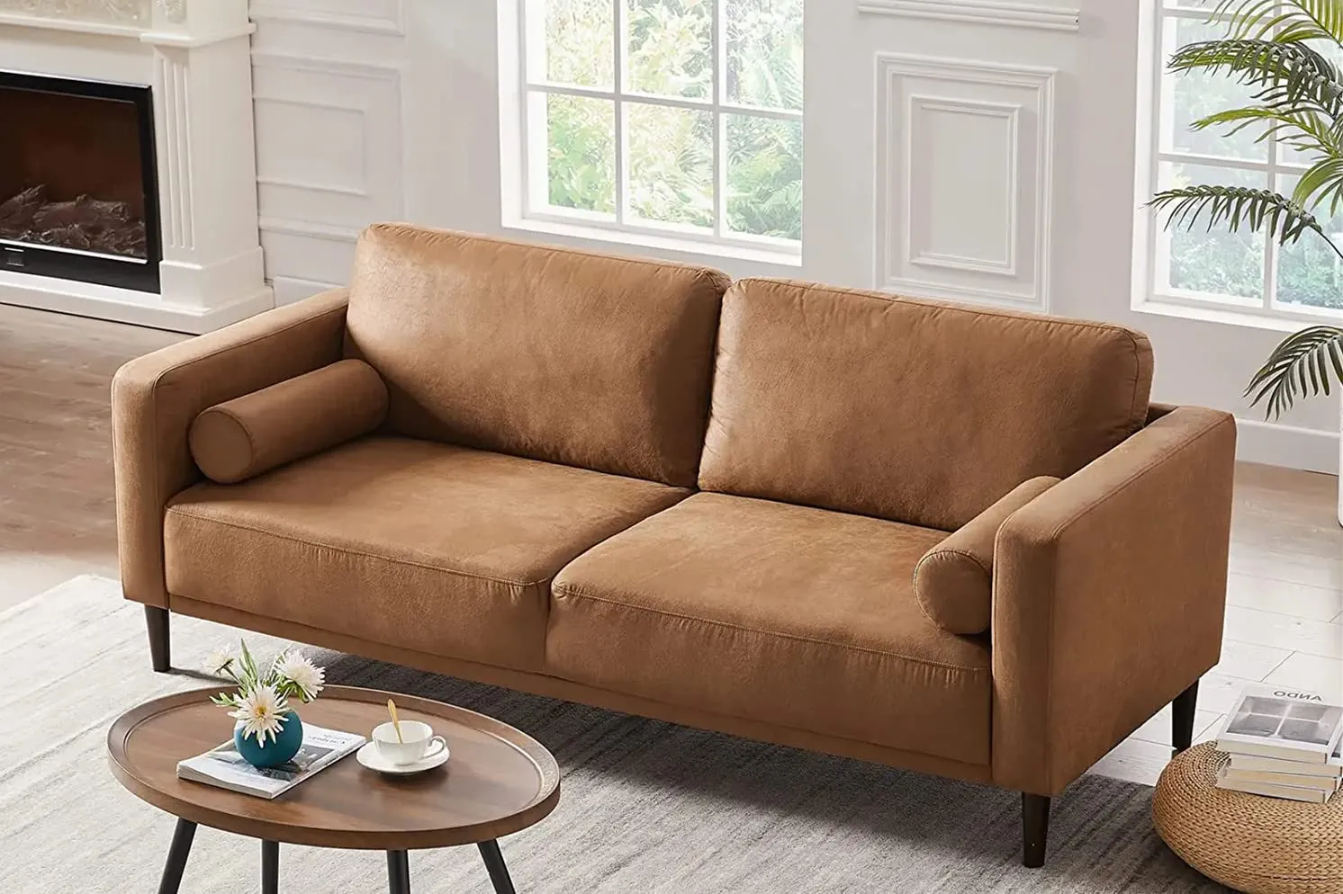 HIFIT Faux Leather Sofa with Upholstered Cushions & Pillows 3 Seat for Living Room Apartment Office, Brown 79”