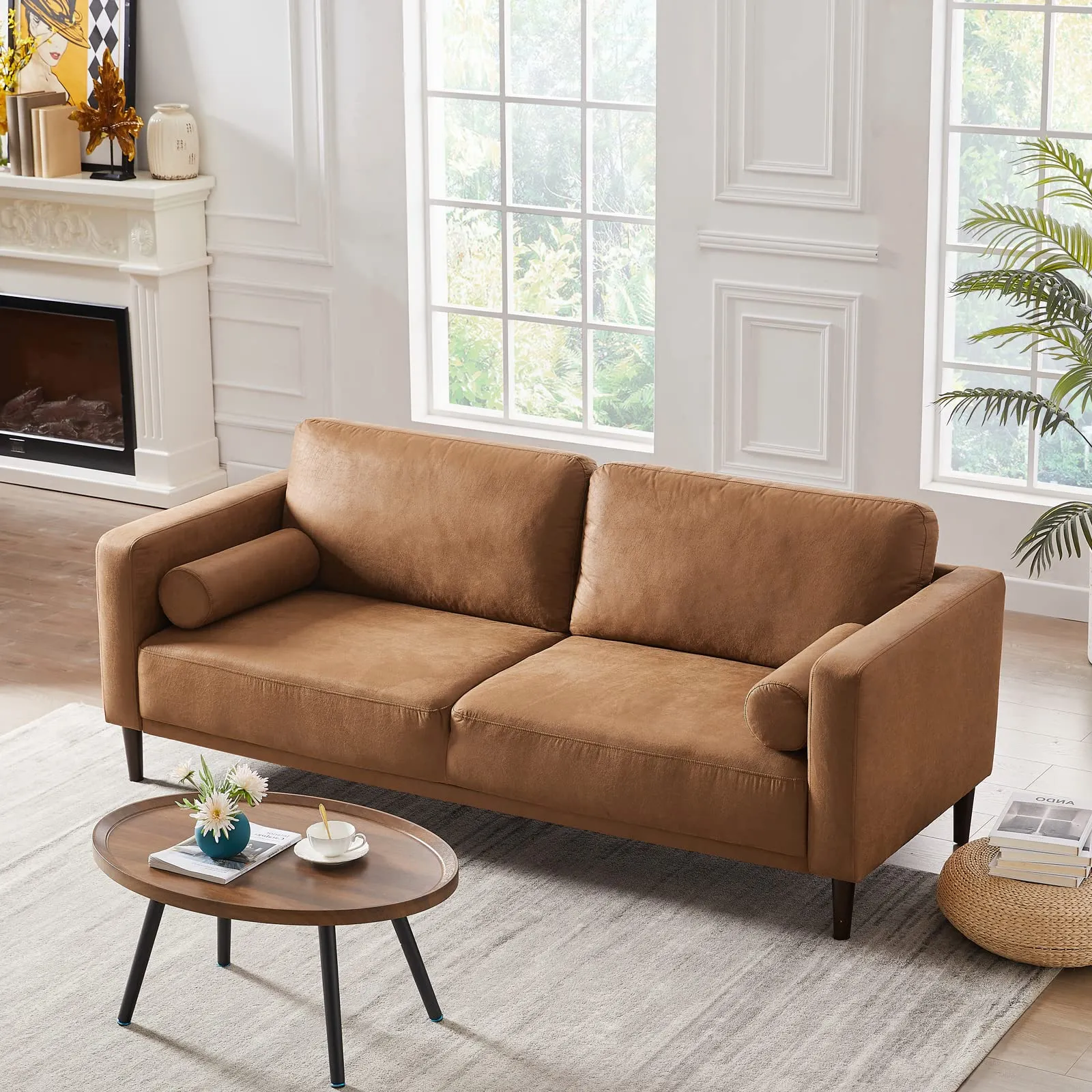 HIFIT Faux Leather Sofa with Upholstered Cushions & Pillows 3 Seat for Living Room Apartment Office, Brown 79”
