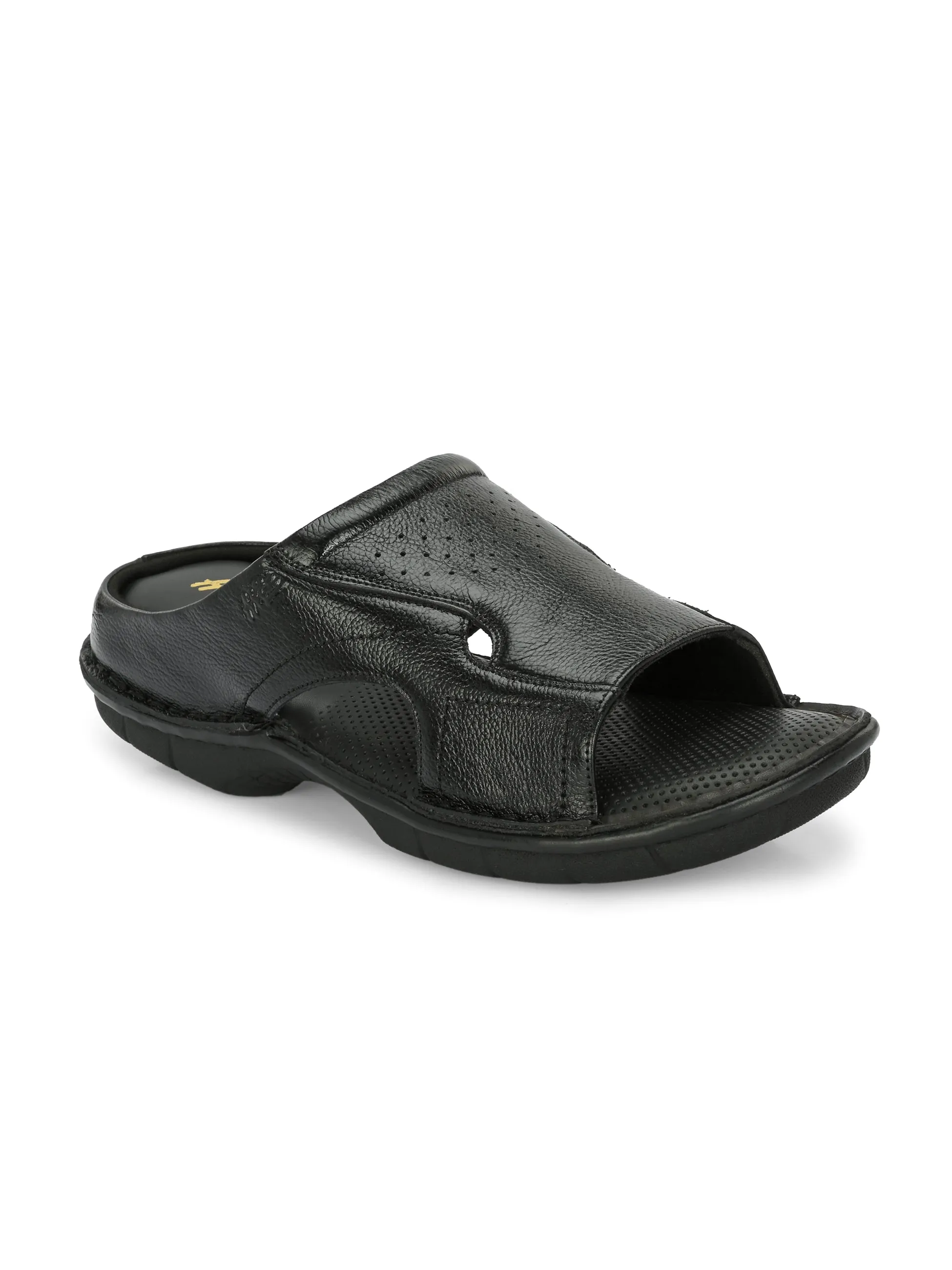 Hitz Men's Black Leather Open Toe Comfort Slippers