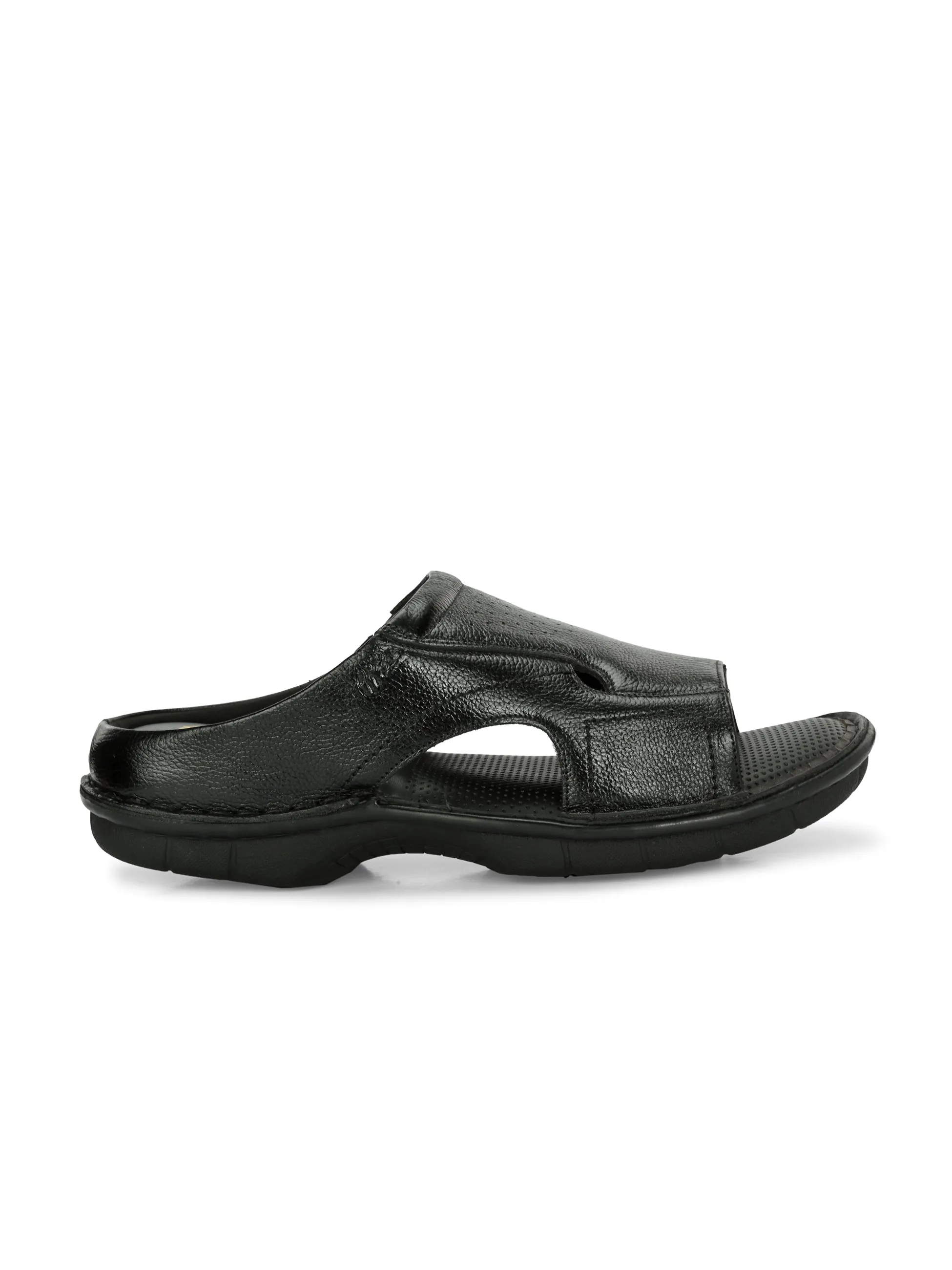 Hitz Men's Black Leather Open Toe Comfort Slippers
