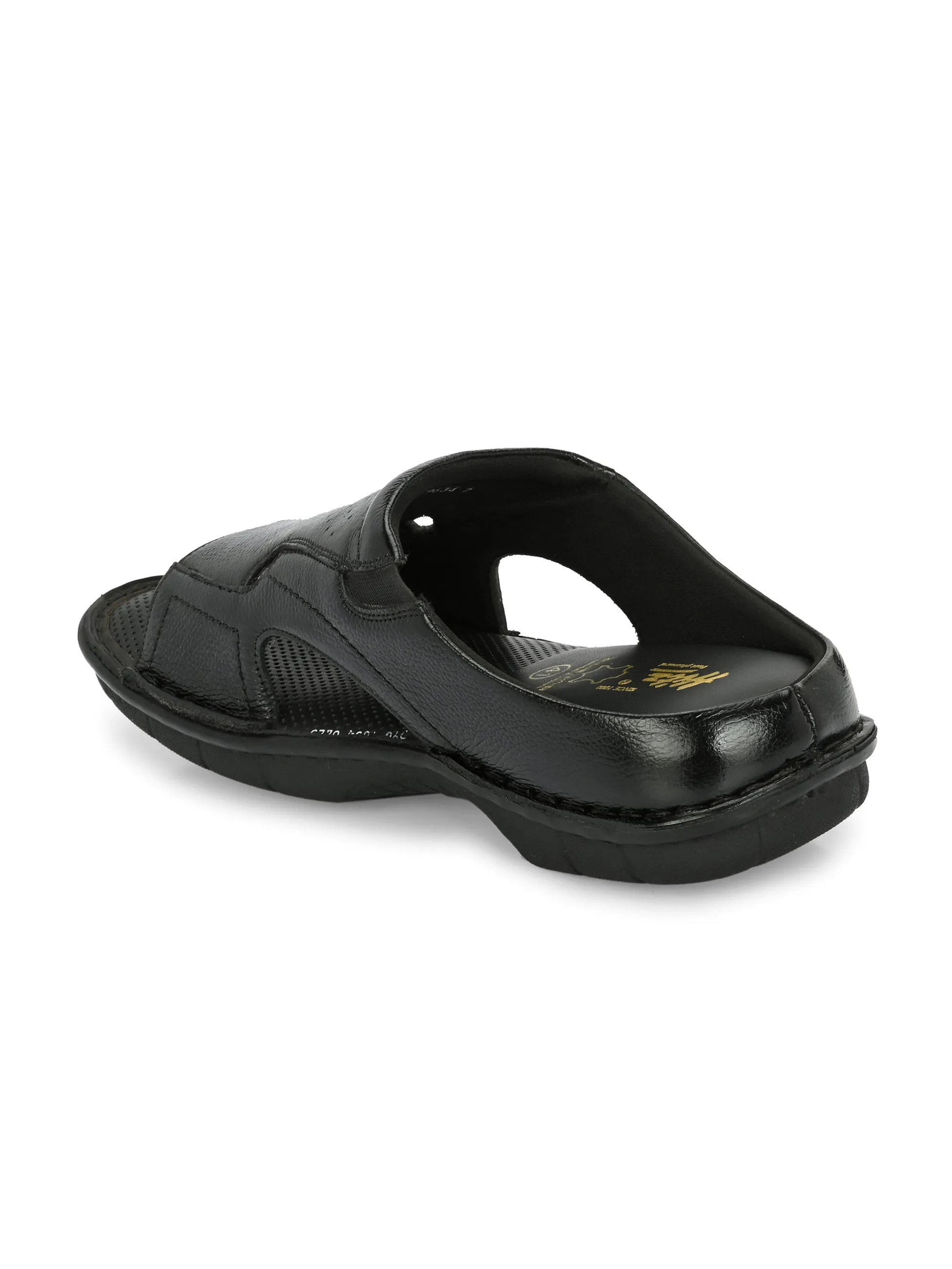 Hitz Men's Black Leather Open Toe Comfort Slippers