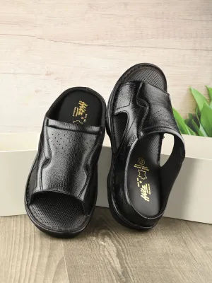 Hitz Men's Black Leather Open Toe Comfort Slippers