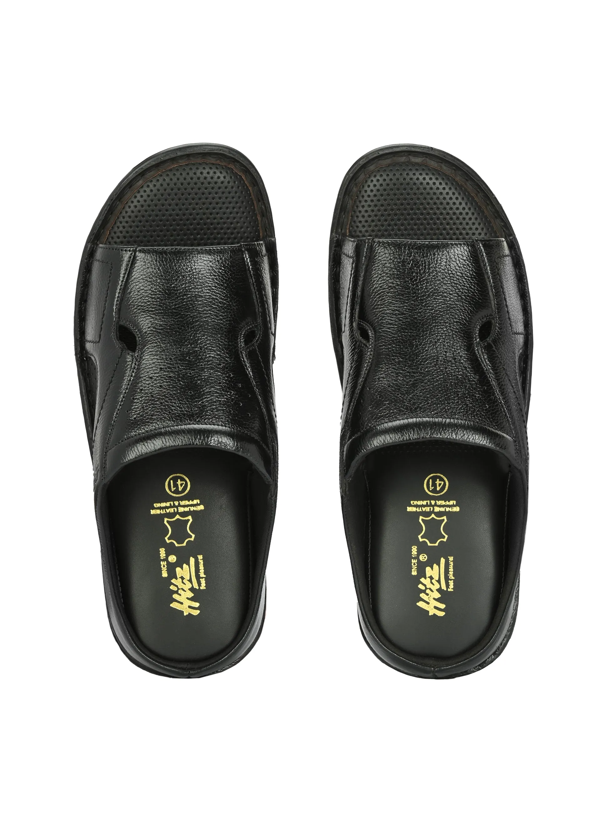 Hitz Men's Black Leather Open Toe Comfort Slippers