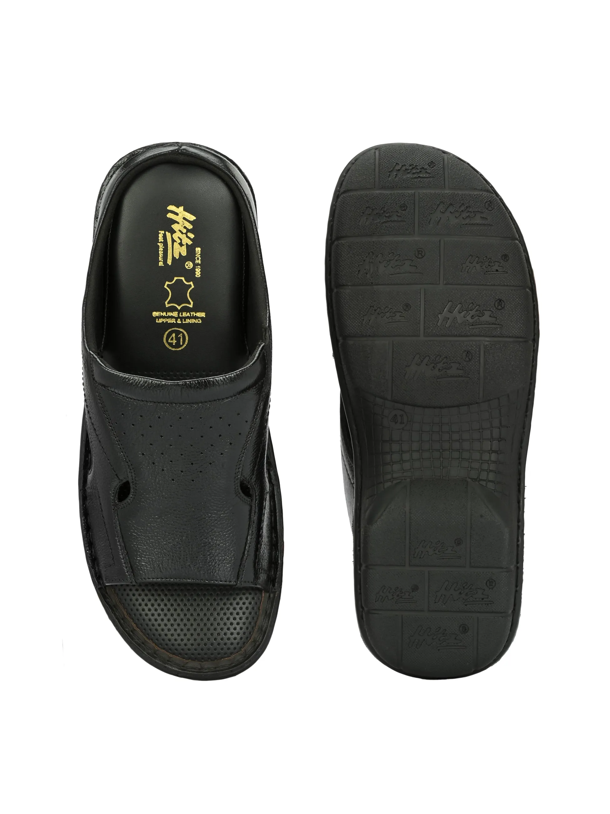 Hitz Men's Black Leather Open Toe Comfort Slippers