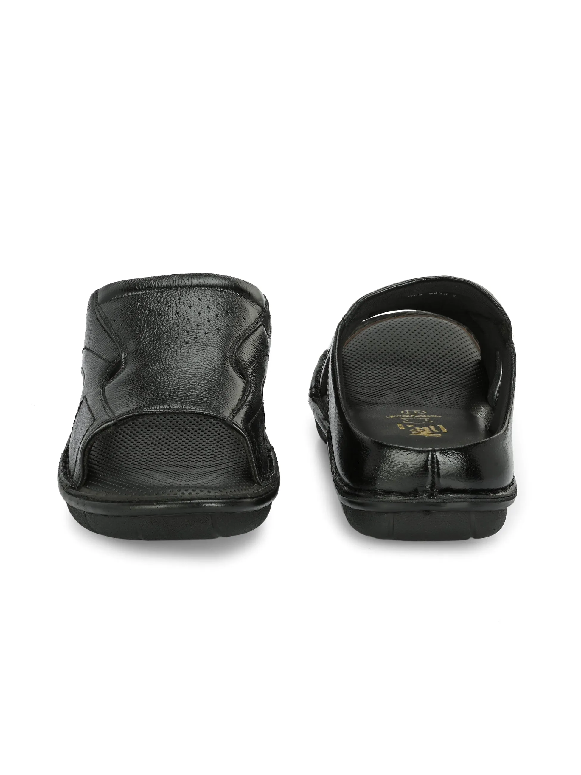 Hitz Men's Black Leather Open Toe Comfort Slippers