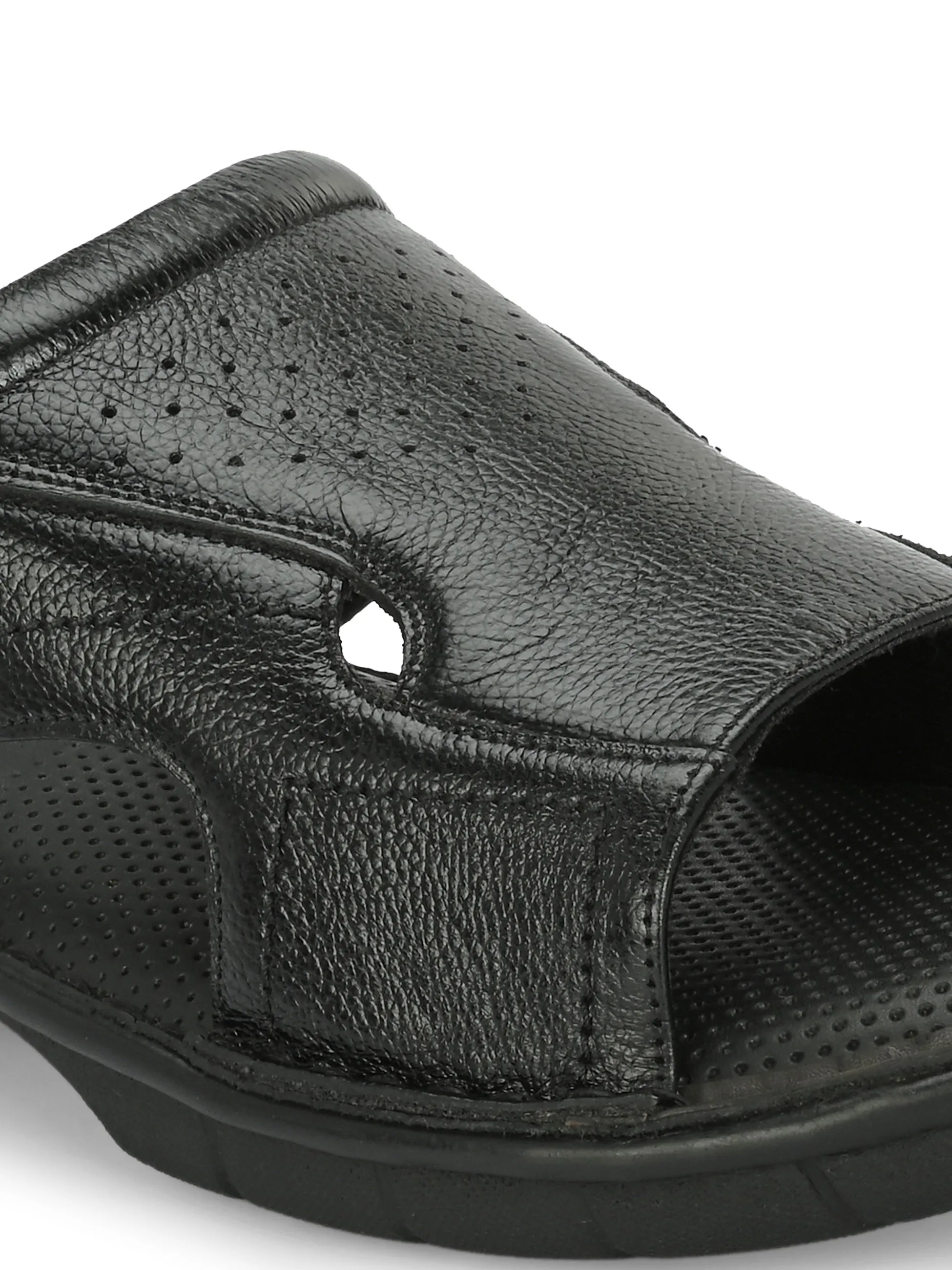 Hitz Men's Black Leather Open Toe Comfort Slippers