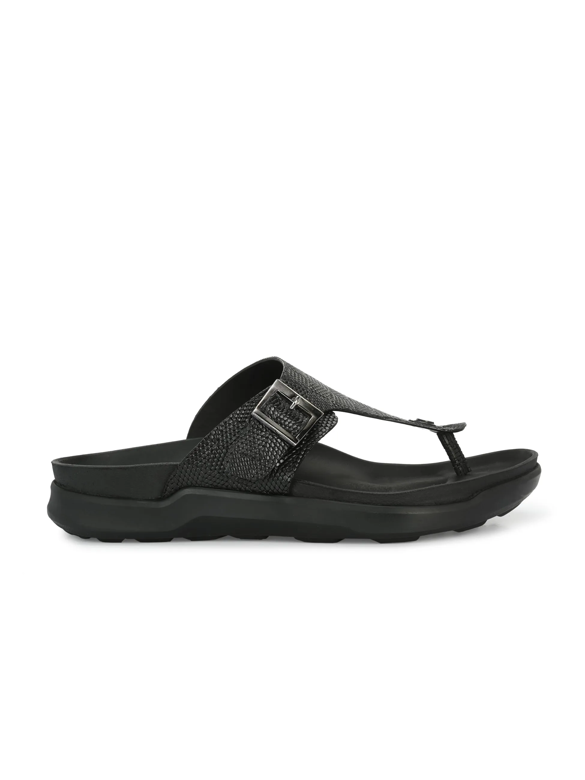 Hitz Men's Black Leather Open Toe Slippers
