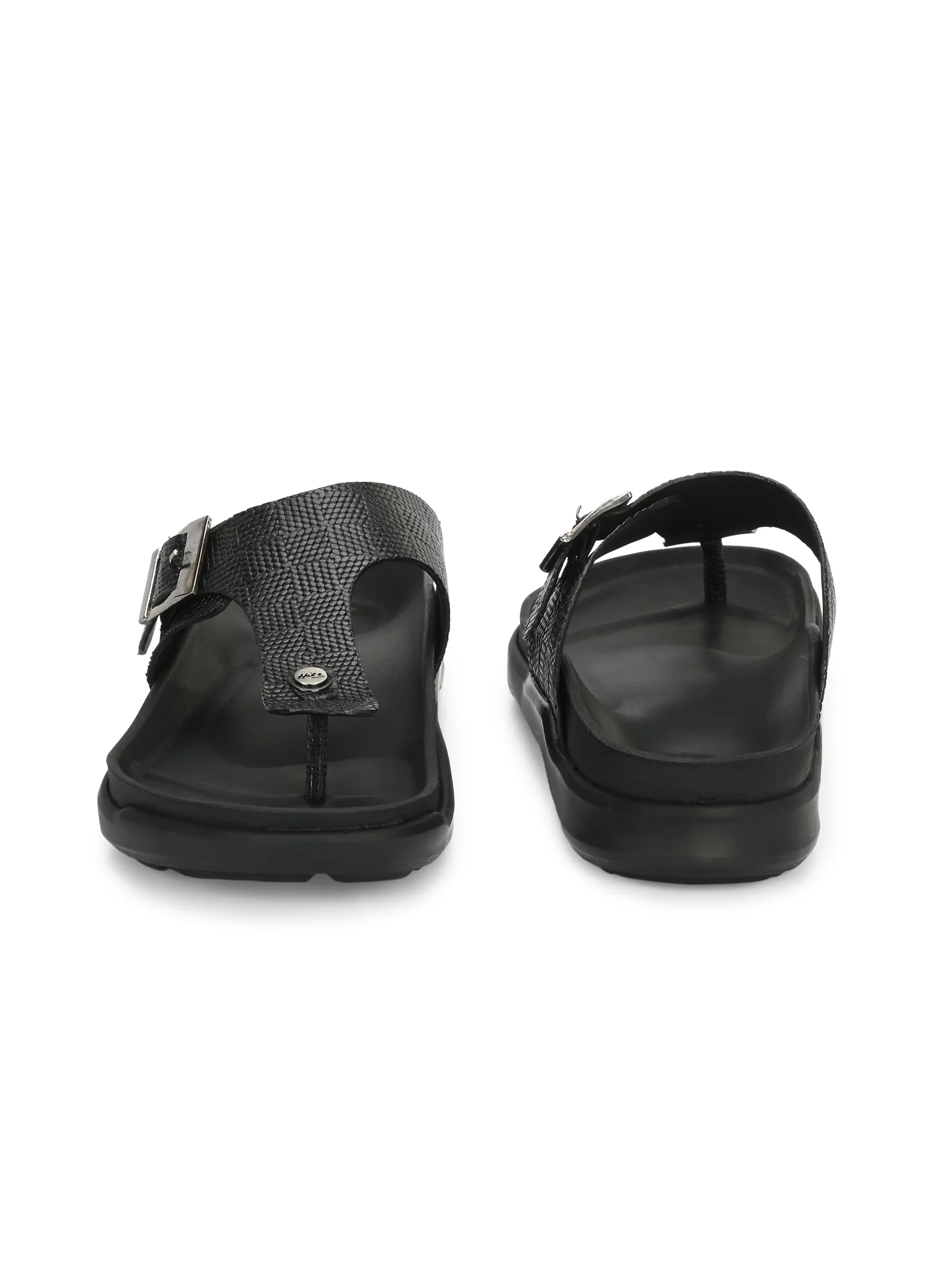 Hitz Men's Black Leather Open Toe Slippers