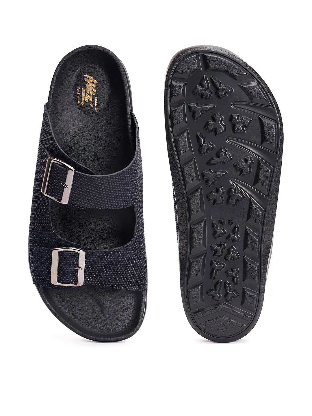 Hitz Men's Black Leather Open Toe Slippers
