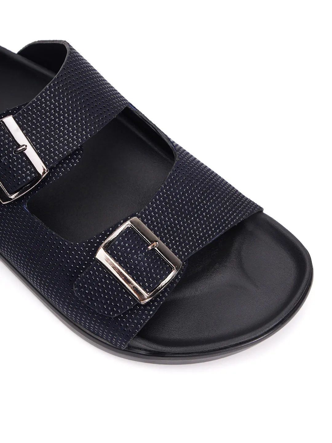 Hitz Men's Black Leather Open Toe Slippers