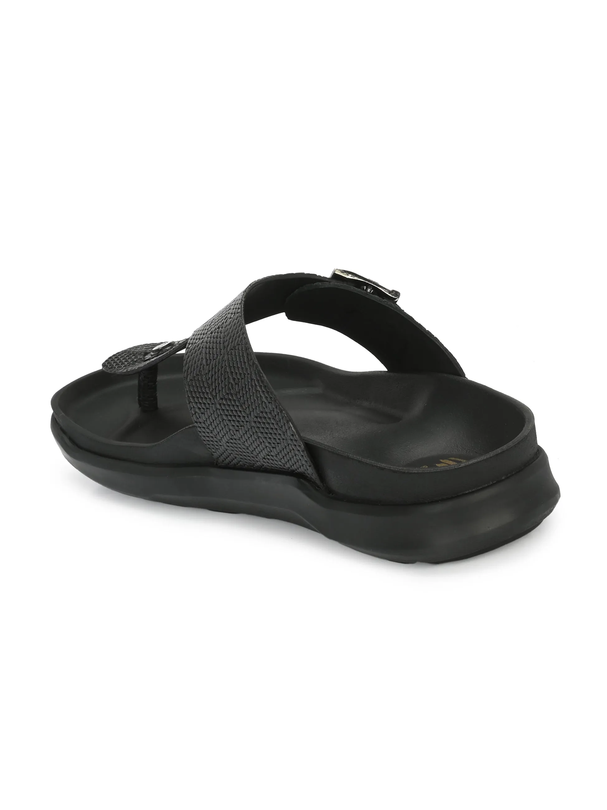 Hitz Men's Black Leather Open Toe Slippers