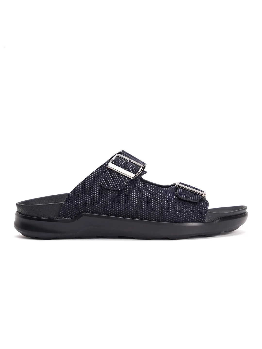 Hitz Men's Black Leather Open Toe Slippers