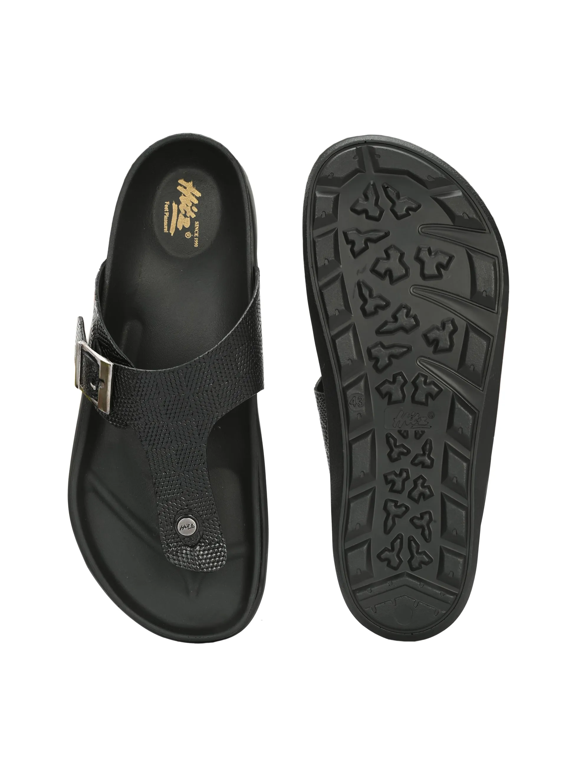 Hitz Men's Black Leather Open Toe Slippers