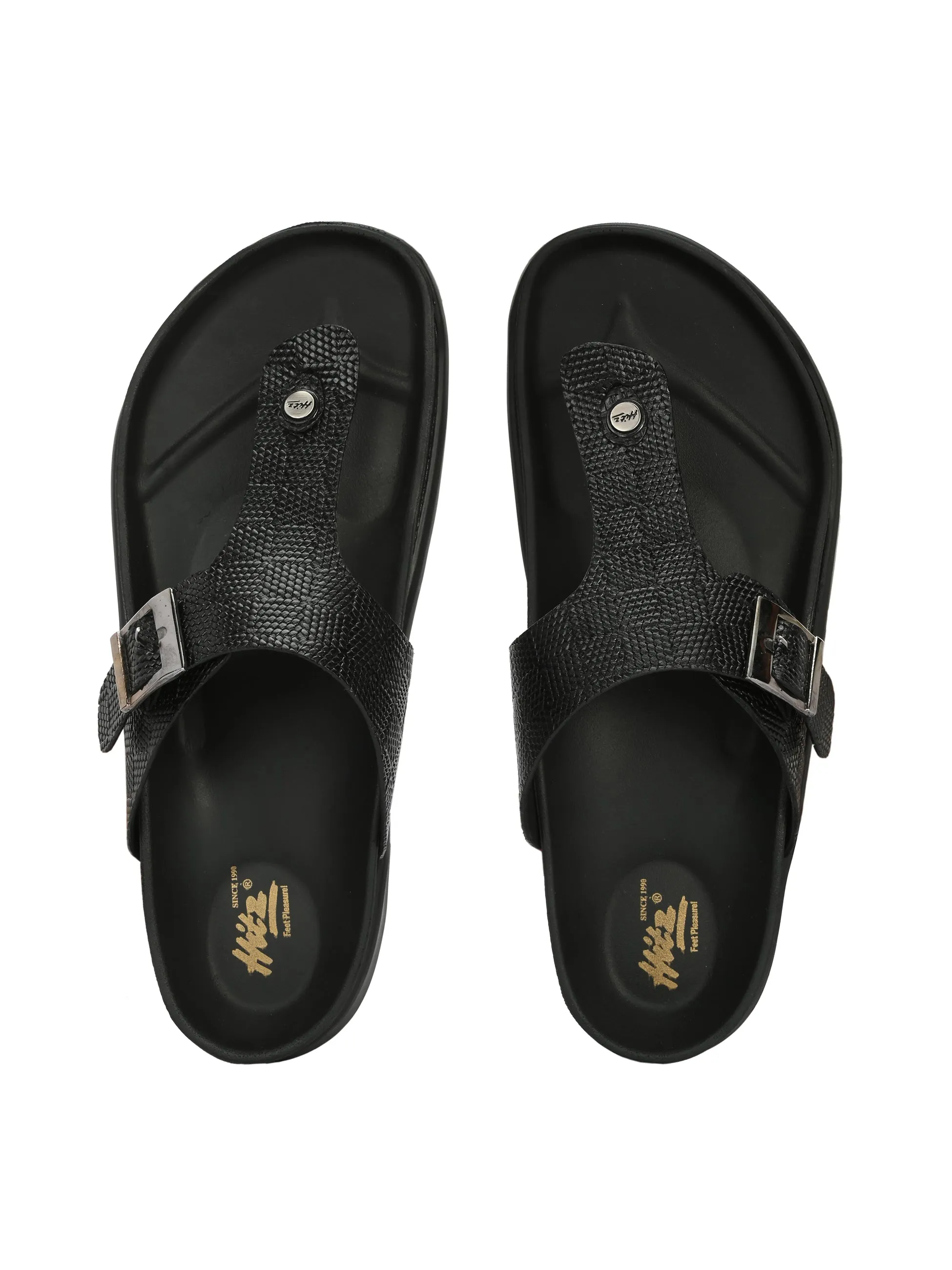 Hitz Men's Black Leather Open Toe Slippers
