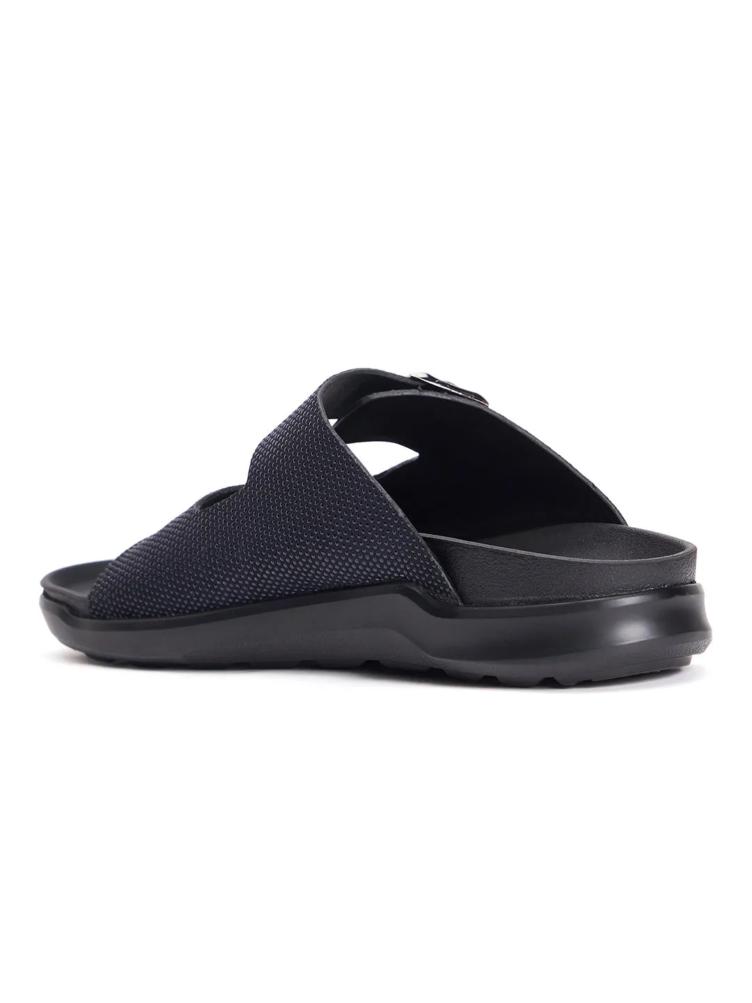 Hitz Men's Black Leather Open Toe Slippers