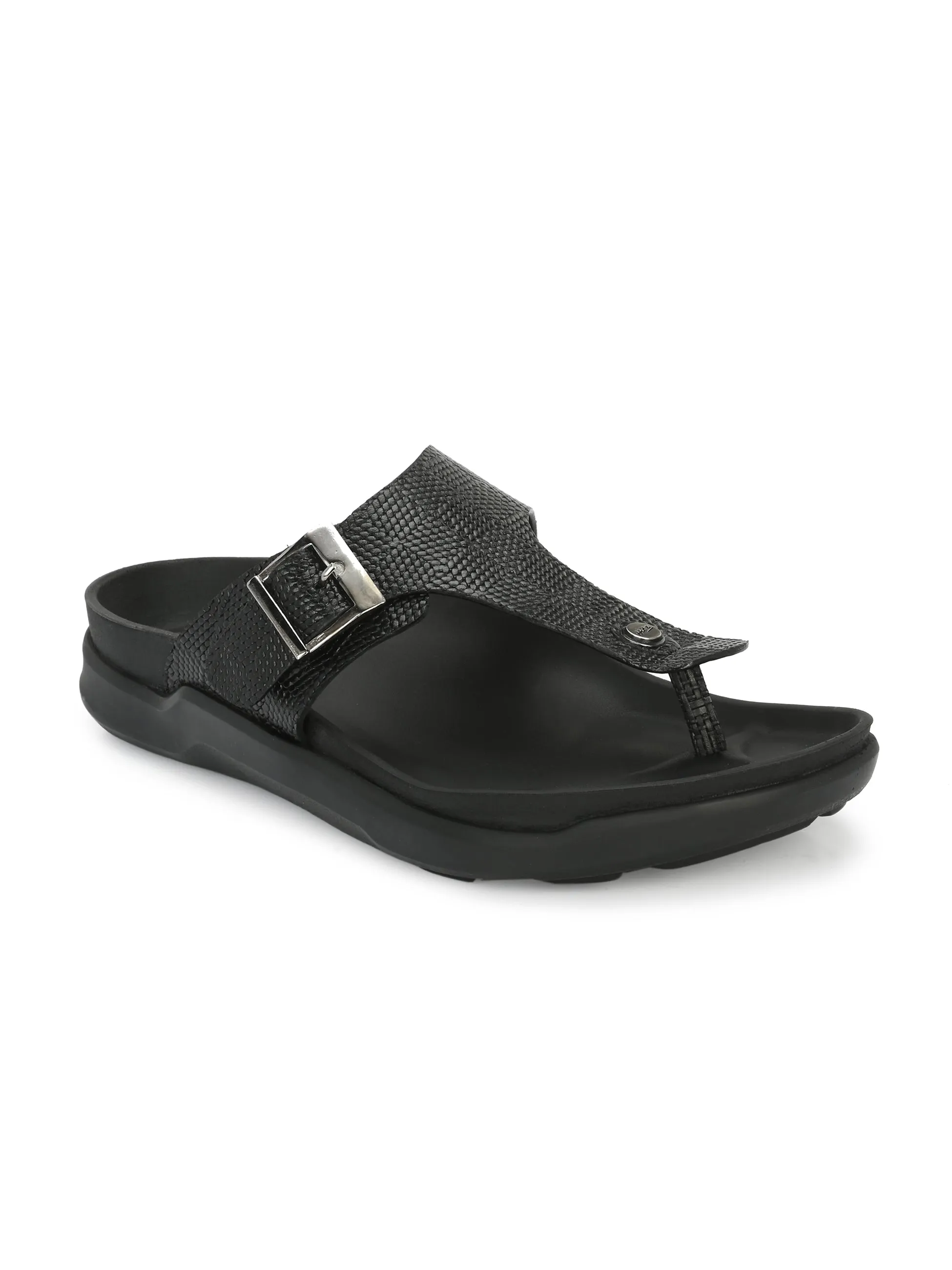 Hitz Men's Black Leather Open Toe Slippers