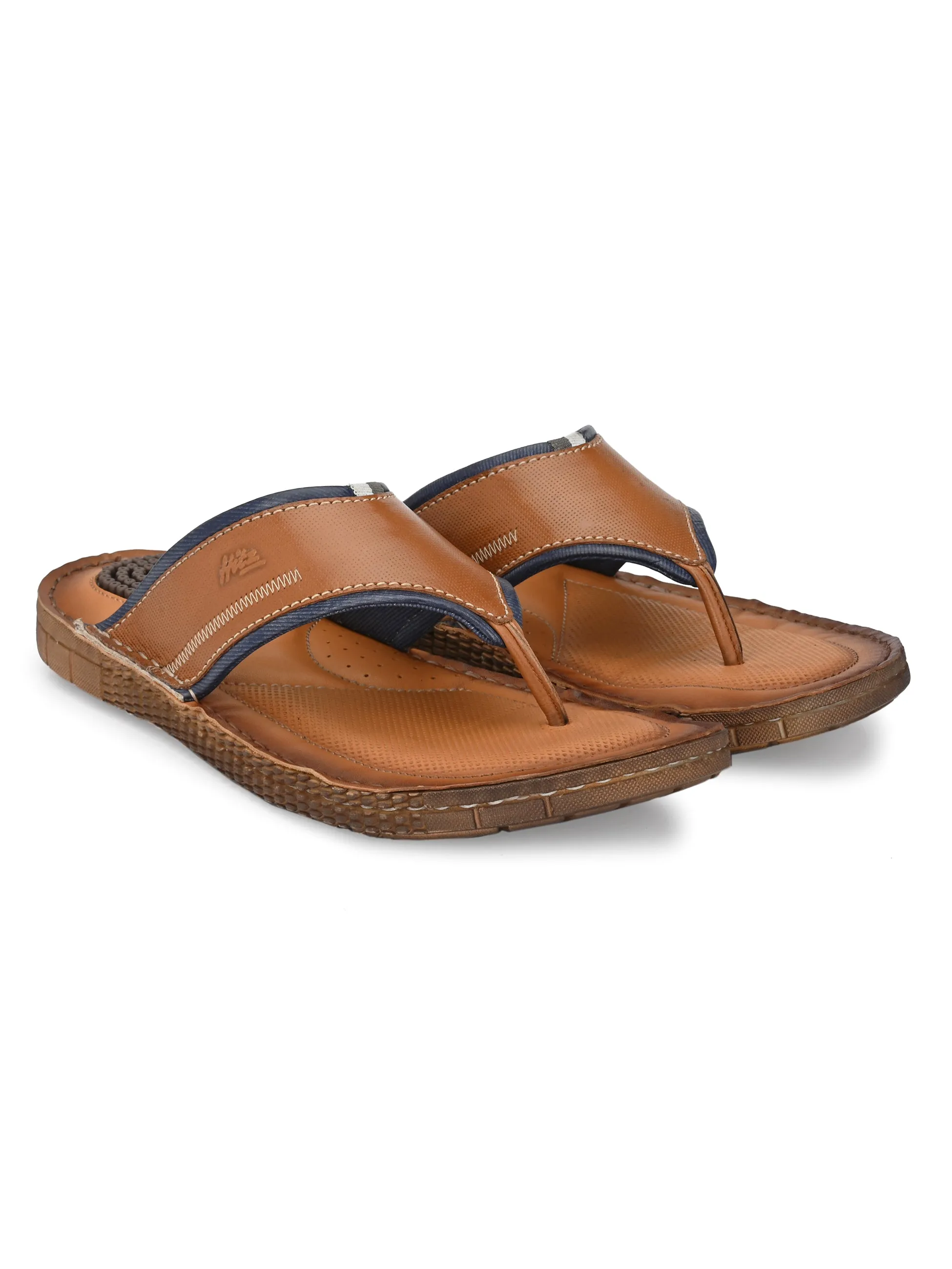 Hitz Men's Tan Leather Open Toe Indoor Outdoor Slippers