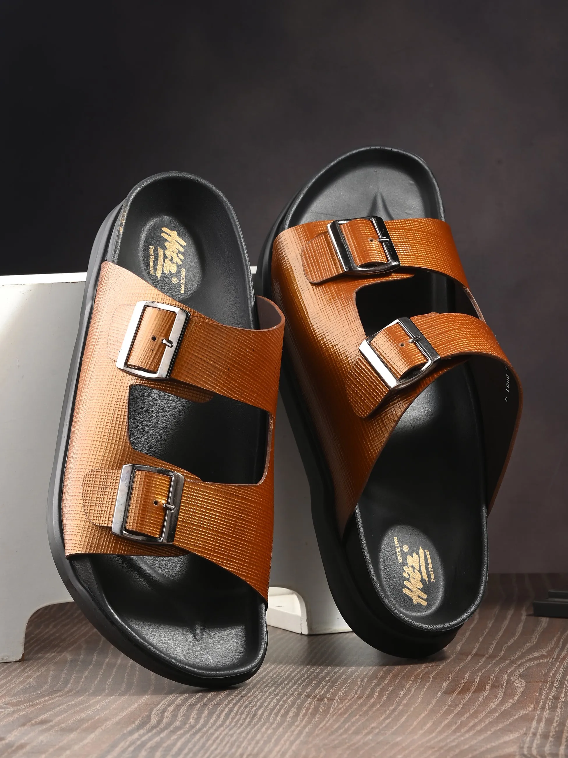 Hitz Men's Tan Leather Open Toe Slippers