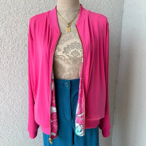 IMAN Global Chic Reversible Jacket Floral Pink Pockets Zipper - Size Large