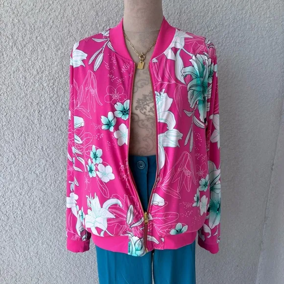 IMAN Global Chic Reversible Jacket Floral Pink Pockets Zipper - Size Large