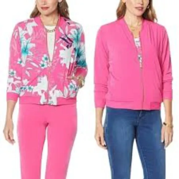 IMAN Global Chic Reversible Jacket Floral Pink Pockets Zipper - Size Large