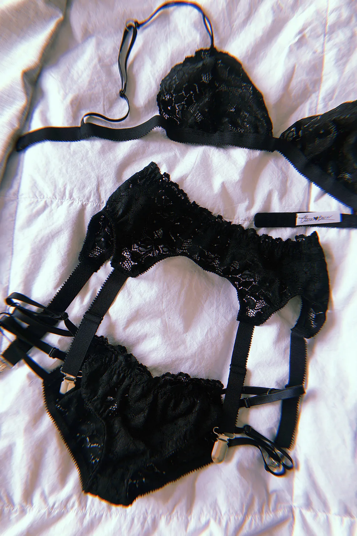 Inquietude Garter Belt in Black Surplus Lace