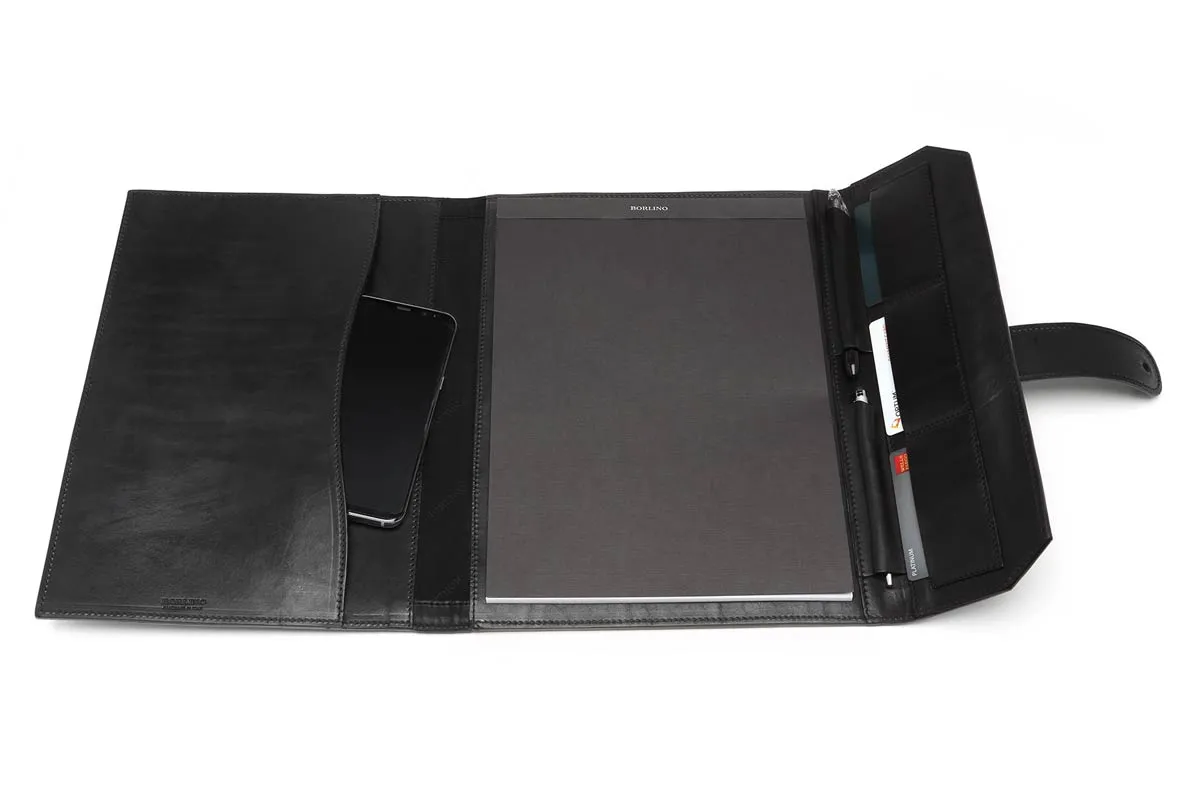 Italian Leather Handmade Post-Strap Brief Folio - Onyx Black