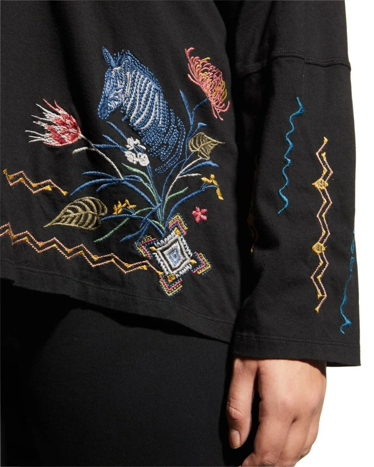 Johnny Was Watipaso Beach Raw Embroidered Cotton Hoodie Top Black Plus Size NEW