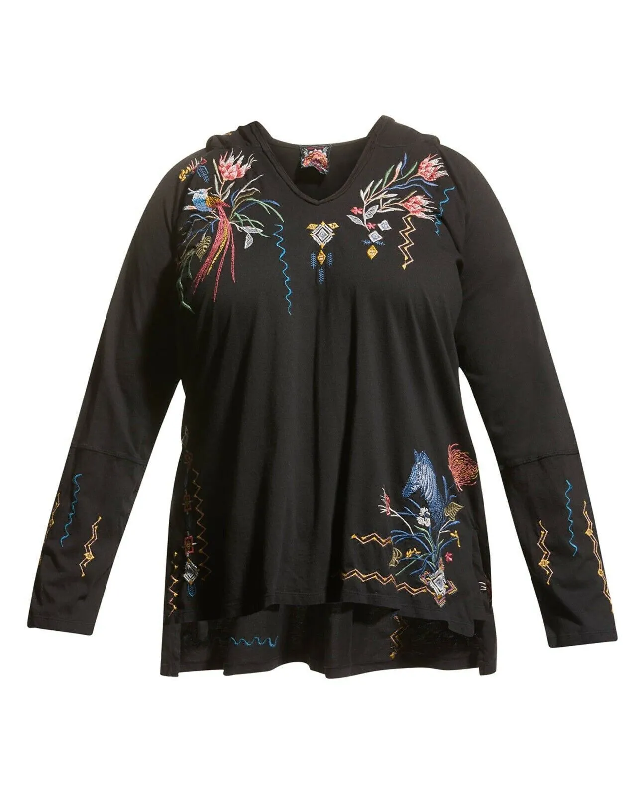 Johnny Was Watipaso Beach Raw Embroidered Cotton Hoodie Top Black Plus Size NEW