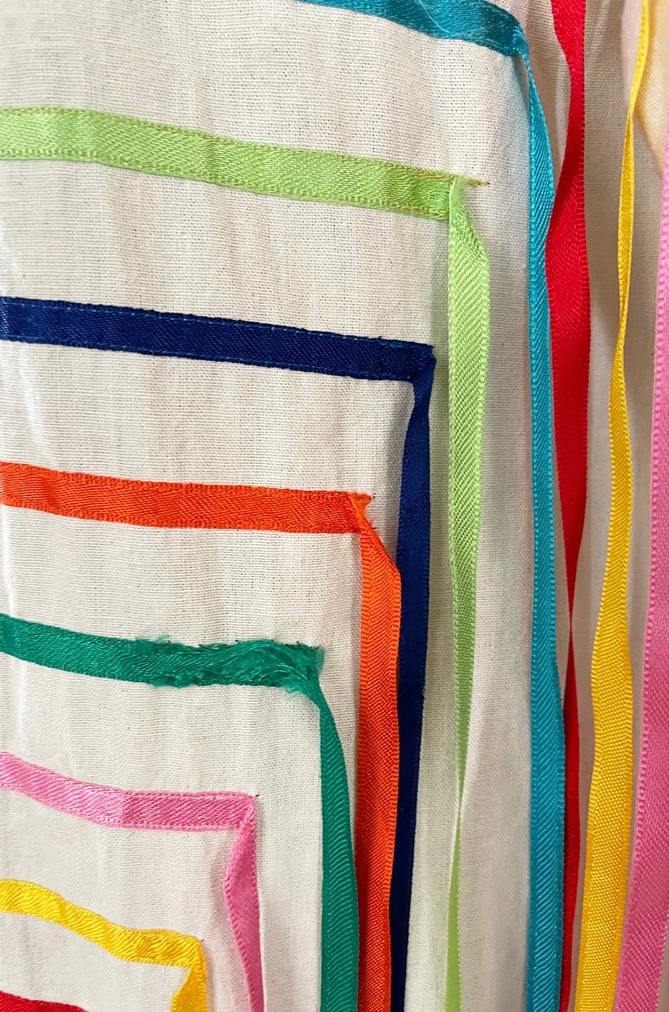 Joyful 1960s Josefa Mexico Rainbow Ribbon on Ivory Cotton Caftan Dress w Zip Front