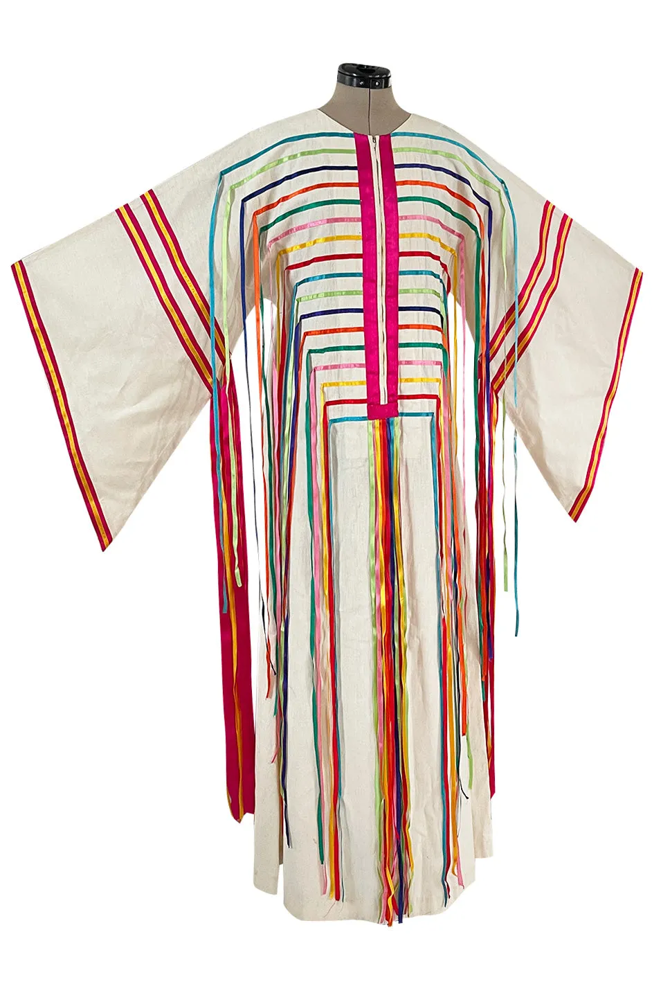 Joyful 1960s Josefa Mexico Rainbow Ribbon on Ivory Cotton Caftan Dress w Zip Front