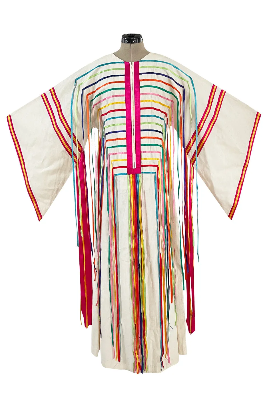 Joyful 1960s Josefa Mexico Rainbow Ribbon on Ivory Cotton Caftan Dress w Zip Front