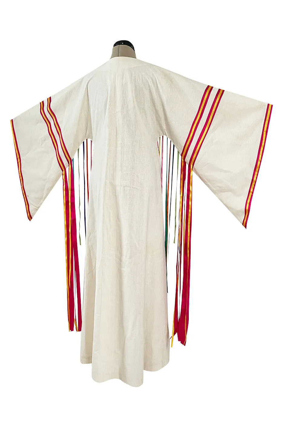 Joyful 1960s Josefa Mexico Rainbow Ribbon on Ivory Cotton Caftan Dress w Zip Front