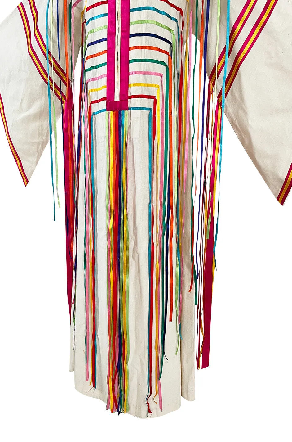 Joyful 1960s Josefa Mexico Rainbow Ribbon on Ivory Cotton Caftan Dress w Zip Front