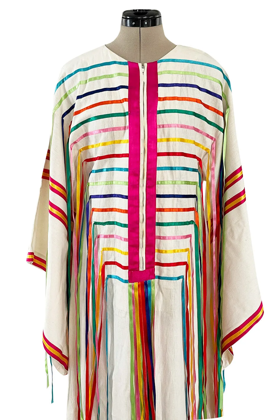 Joyful 1960s Josefa Mexico Rainbow Ribbon on Ivory Cotton Caftan Dress w Zip Front
