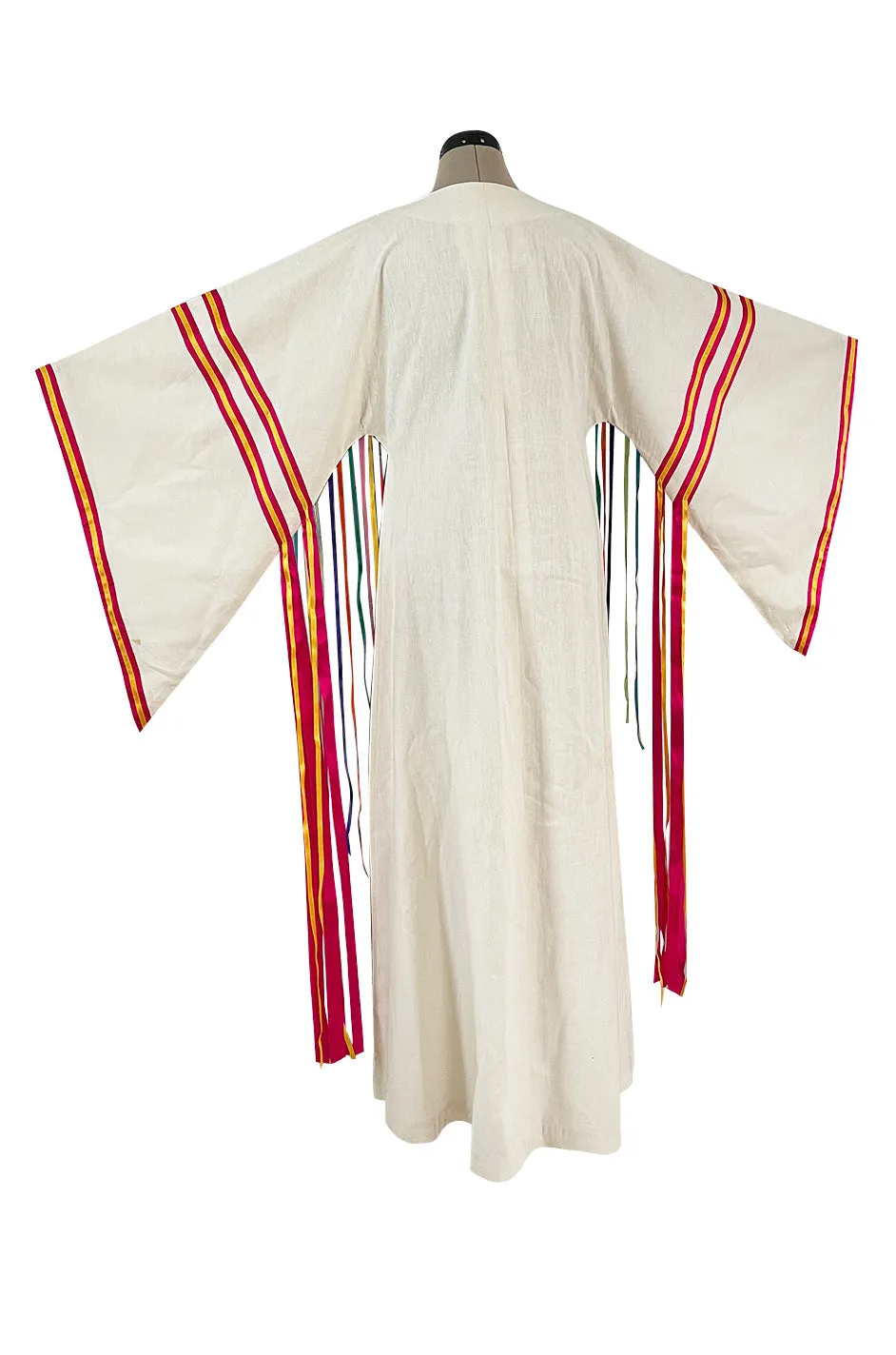 Joyful 1960s Josefa Mexico Rainbow Ribbon on Ivory Cotton Caftan Dress w Zip Front