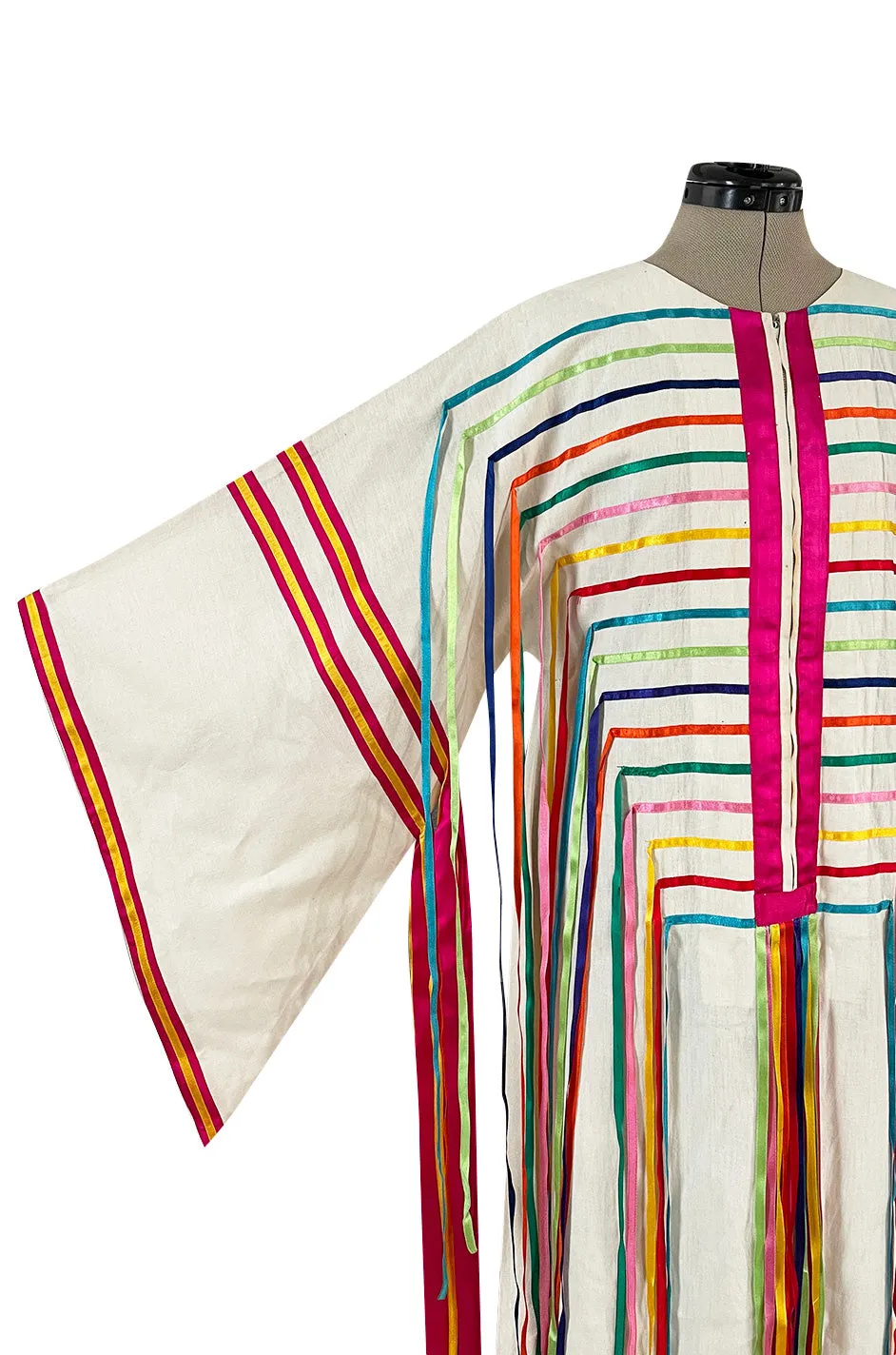 Joyful 1960s Josefa Mexico Rainbow Ribbon on Ivory Cotton Caftan Dress w Zip Front
