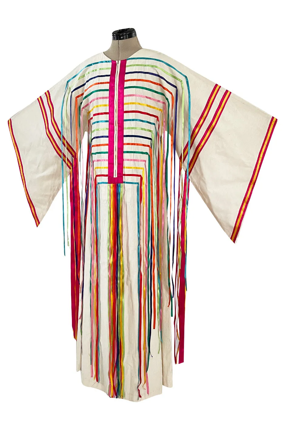 Joyful 1960s Josefa Mexico Rainbow Ribbon on Ivory Cotton Caftan Dress w Zip Front